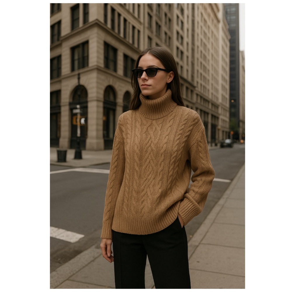Vince Cable Knit Wool Cashmere Turtleneck Sweater Camel Brown Large NWT